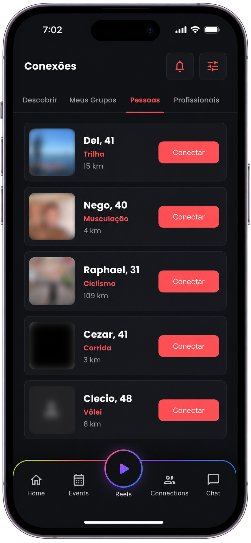 Tela Conexões do aplicativo esportivo SportsLy